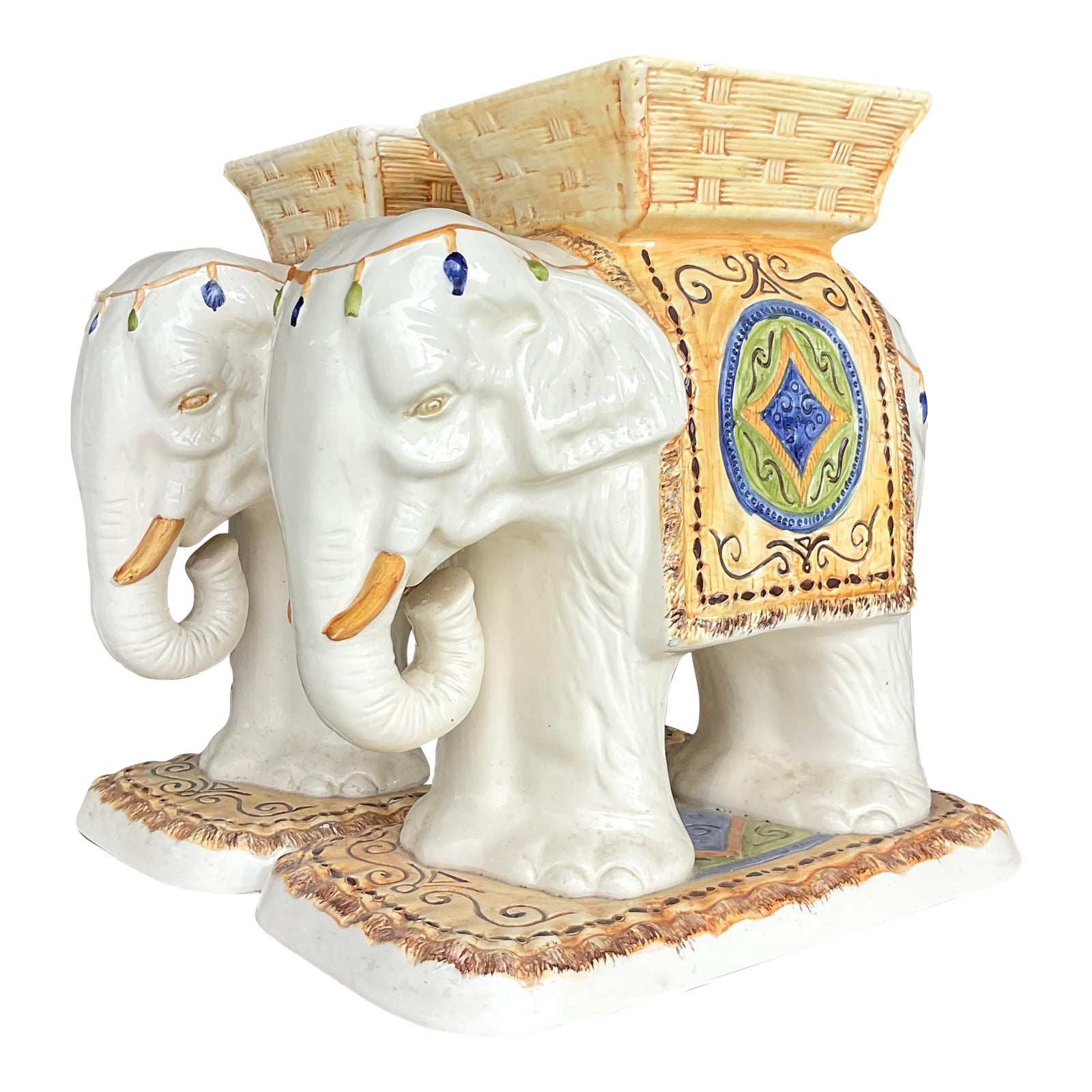 Vintage Boho Glazed Ceramic Elephant Stools - a Pair | Chairish