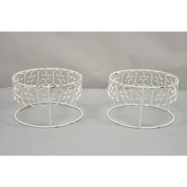 Mid 20th Century Vintage Arthur Umanoff Wrought Iron Scroll Low Round Glass Top Side Table - Pair For Sale - Image 5 of 12