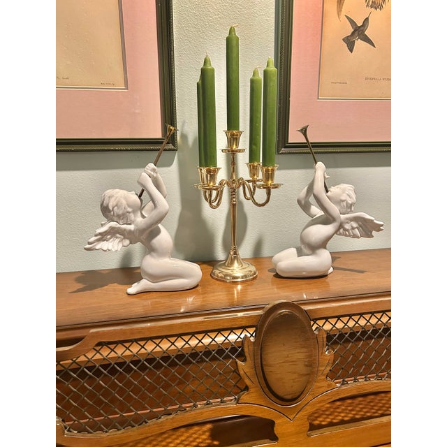 Vintage Department 56 “Winter Silhouettes” White Porcelain Angels With Brass Trumpets - A Pair For Sale - Image 9 of 9