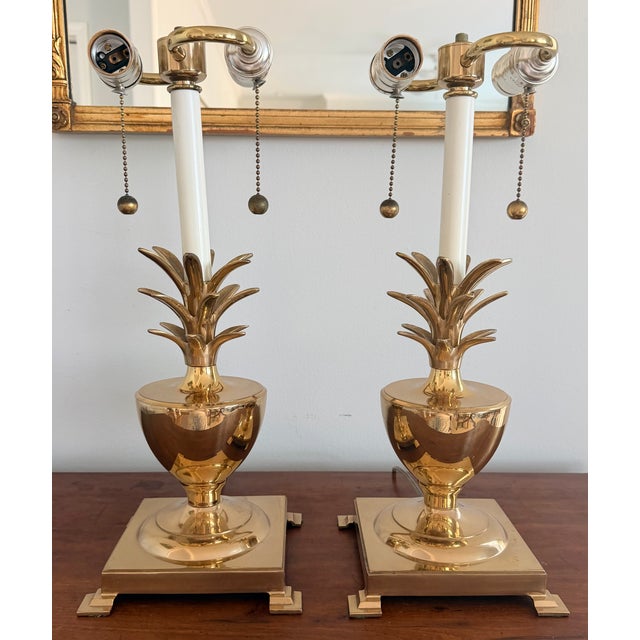 Pair Vintage Brass Pineapple Accent Lamps with Black Tole Bouillotte Shades. Heavy and beautifully made lamps. Top of...