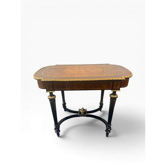 Late 20th Century French Neoclassical Style Burlwood Writing Desk With Gilt Bronze Style Accents For Sale In Boston - Image 6 of 14