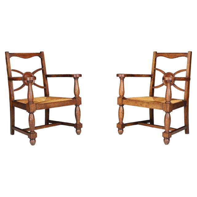 French Art Deco Armchairs in Oak and Rush, 1930s, Set of 2 For Sale - Image 14 of 14