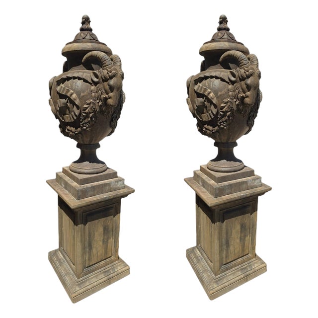 Architectural Stone Urns with Ram Heads, Italy, 1940s, Set of 2 For Sale