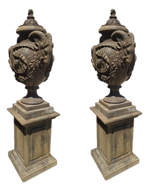 Architectural Stone Urns with Ram Heads, Italy, 1940s, Set of 2