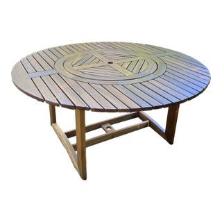 Outdoor Wood Table With Lazy Suzy Center - 63" Round For Sale