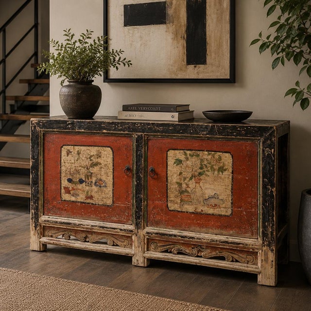 Circa 1890 antique sideboard with cream and red doors, showcasing Gansu province's traditional grain chest design. Made...