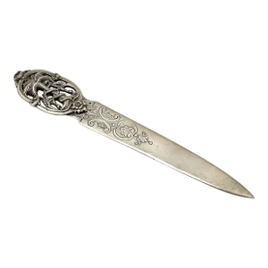 Large Antique Sterling Silver Letter Opener With French - Portuguese Serpant & Palm Tree Pharmacy Emblem