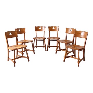 Mid Century Rustic Wood Dining Chairs Set of 6 For Sale