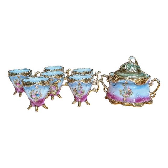 Coffee Set with Cups and Sugar Bowl in Pink with Gilded Elements from Jlmenau, Germany, 1920s For Sale