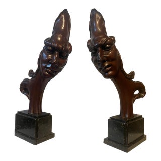 1900s Pair of Hand-Carved Architectural Figures on Marble Pedestals – Art Deco Period For Sale