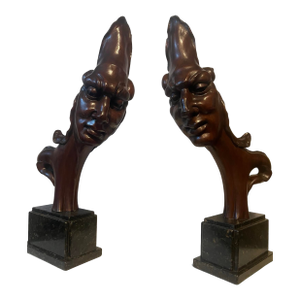 1900s Pair of Hand-Carved Architectural Figures on Marble Pedestals – Art Deco Period