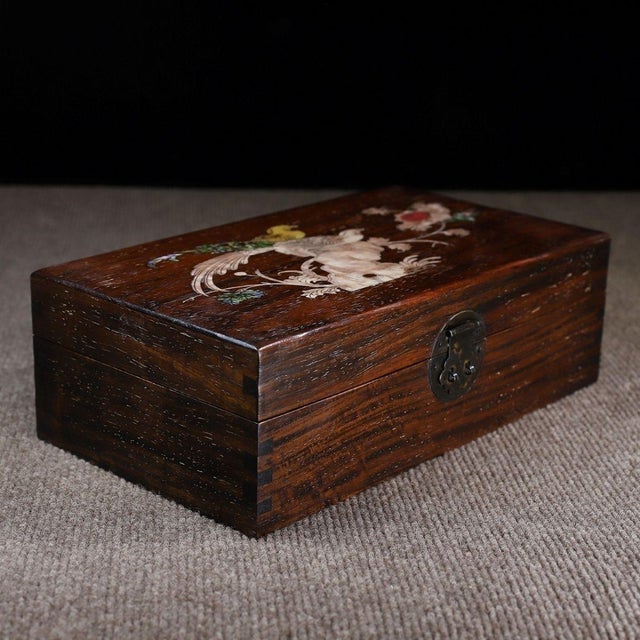 Late 20th Century Wooden Box With Mother-of-Pearl Bird and Floral Inlay For Sale - Image 4 of 9