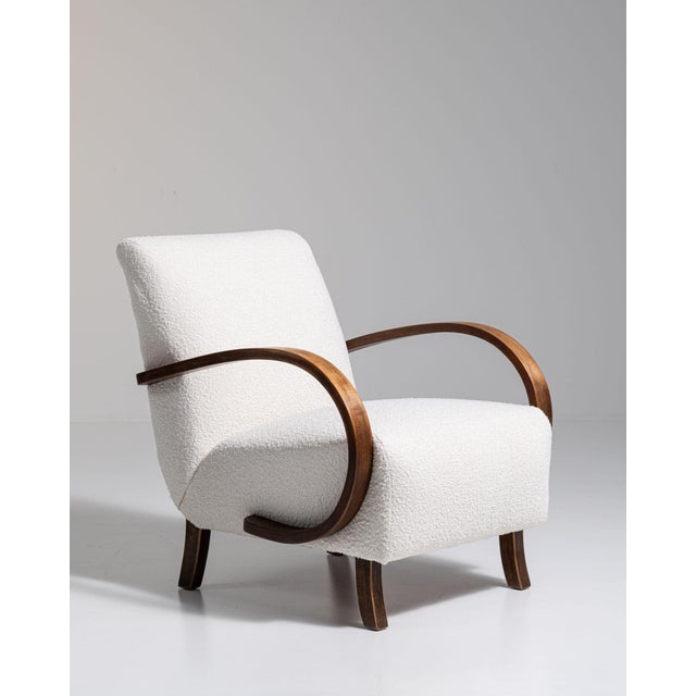 20th Century Czech Republic Warm Ivory Boucle Bentwood-Arm Lounge Chair For Sale - Image 9 of 11