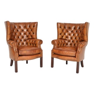 Antique Leather Barrel Back Wing Armchairs, 1920s, Set of 2 For Sale