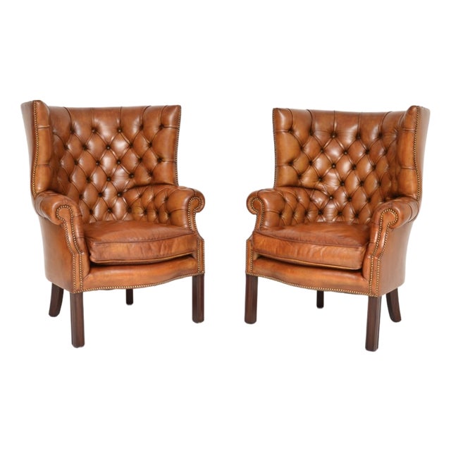 Antique Leather Barrel Back Wing Armchairs, 1920s, Set of 2 For Sale