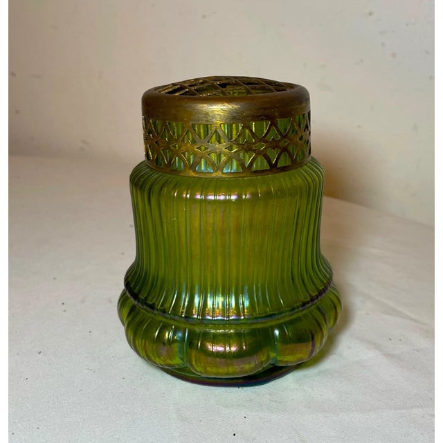 Antique Hand Blown Bohemian Loetz Bronze Mounted Green Glass Potpourri Jar Vase For Sale - Image 12 of 12