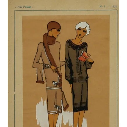 Glam art deco c1926 'Tres Parisien' fashion pochoir No.8. with gouache highlights depicting two chic ladies of the day!...