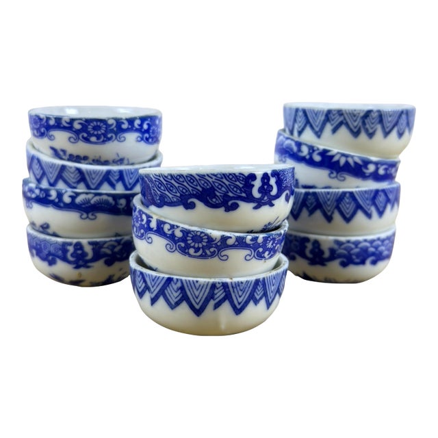Antique Blue and White Porcelain Open Salt Cellars - Set of 11 For Sale