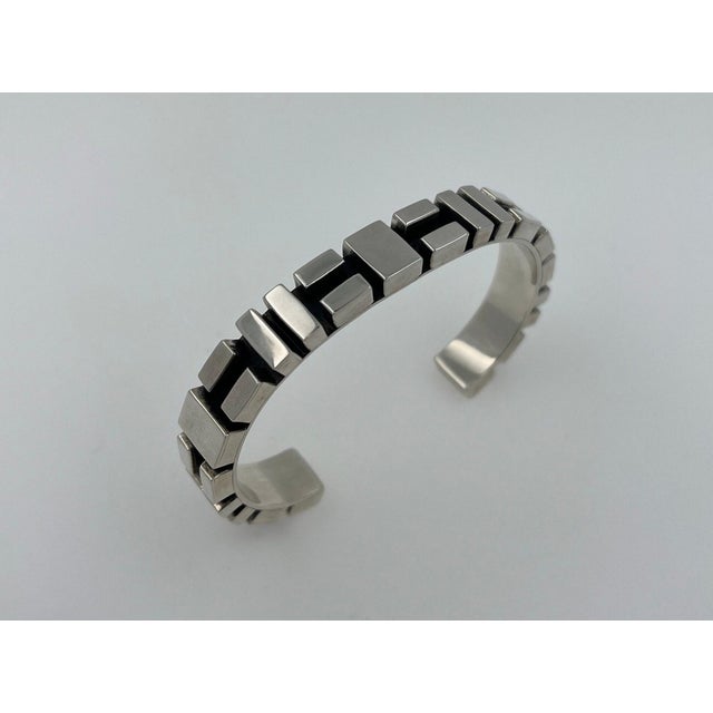 Metal Geometric Simple Modern Statement 925 Sterling Silver Wide Cuff Bangle Bracelet For Sale - Image 7 of 8