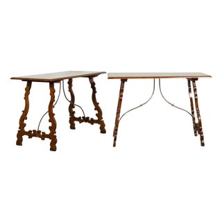 Pair of Spanish Baroque Style 1880s Walnut Console Tables with Iron Stretchers For Sale