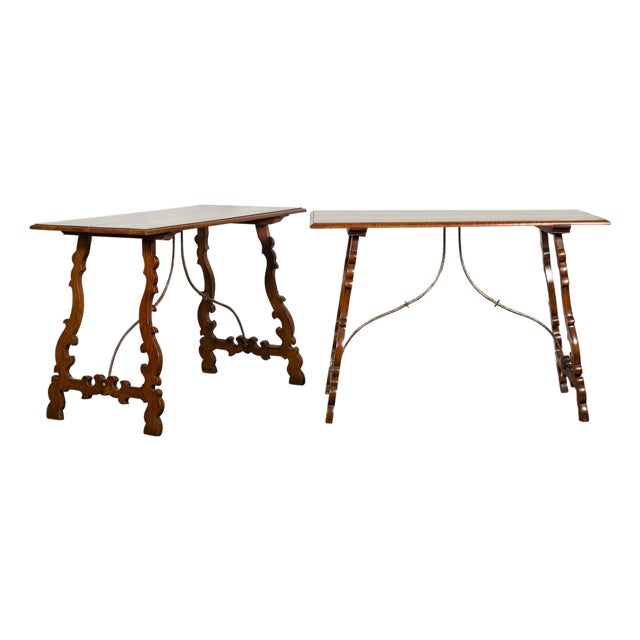 Pair of Spanish Baroque Style 1880s Walnut Console Tables with Iron Stretchers For Sale