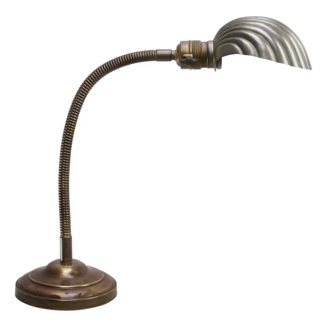 Art Deco Belgian Shell Brass Gooseneck Desk Lamp For Sale