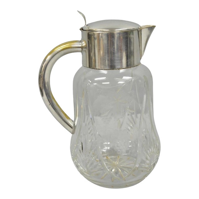 Antique Victorian German Silver Plated Cut Crystal Glass Lemonade Water Pitcher For Sale