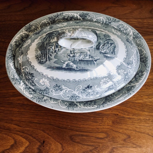 Antique English ironstone transferware vegetable bowl by John Meir and Sons features black transferware Rhine pattern,...