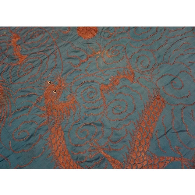 Majestic Teal Blue Color Background With Dragons Patters Desing Antique Chinese Textile Rug For Sale - Image 9 of 9