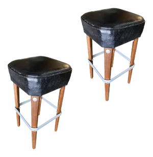 Modernist Steel Studded Knife Leg Bar Stool W/ Black Top Circa 1970 - a Pair