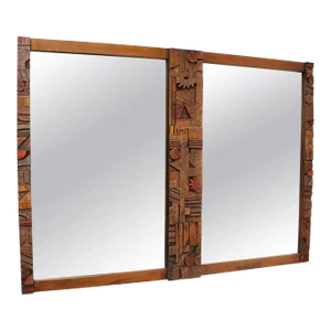 Vintage Brutalist Lane "Pueblo" Polychromed Wall Mirror in Oak