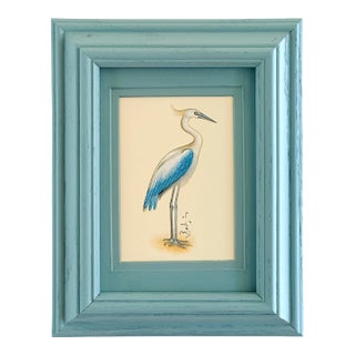 Original Hand-Painted Blue Heron Painting in a Handpainted Vintage Frame For Sale