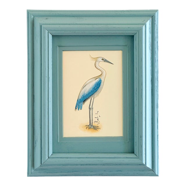 Original Hand-Painted Blue Heron Painting in a Handpainted Vintage Frame For Sale