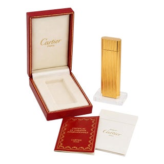 20th Century Godron 18k Gold-Plated Pocket Lighter with Box and Papers from Cartier, Set of 2 For Sale