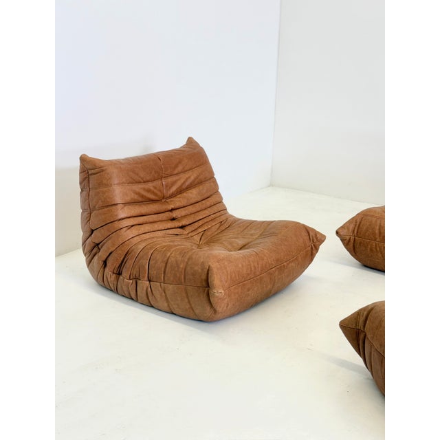 Togo Armchair with Ottoman in Cognac Leather by Michel Ducaroy for Ligne Roset, 2000s, Set of 2, in Very Good conditions....