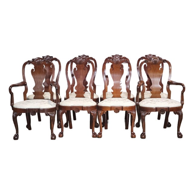 Set of 8 Kindel Winterthur Collection Mahogany Clawfoot Dinning Arm Chairs Silk For Sale