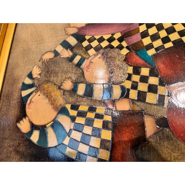 This whimsical oil on canvas painting, signed "J. Roybal," depicts a group of playful, stylized children in a dynamic...
