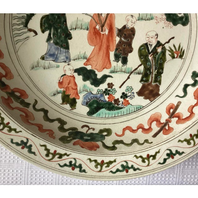 Chinese Antique Chinese Wucai Porcelain Bowl – Large 15” Diameter, Hand-Painted Figures & Floral Border For Sale - Image 3 of 11