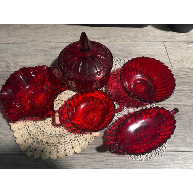 This is a set of servingware made by Indiana Glass Co and includes 1 candy dish with lid that measures 6 inches across, is...