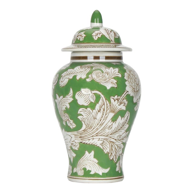 Vintage Chinoiserie Green Ginger Jar Traditional Peony Temple Jar With Lid For Sale