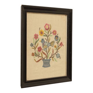 Vintage Crewel Embroidered Linen Textile, Custom Framed For Sale