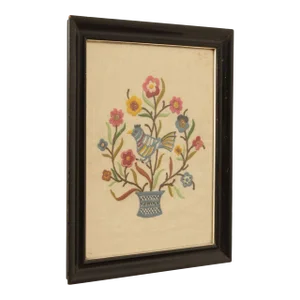 Vintage Crewel Embroidered Linen Textile, Custom Framed