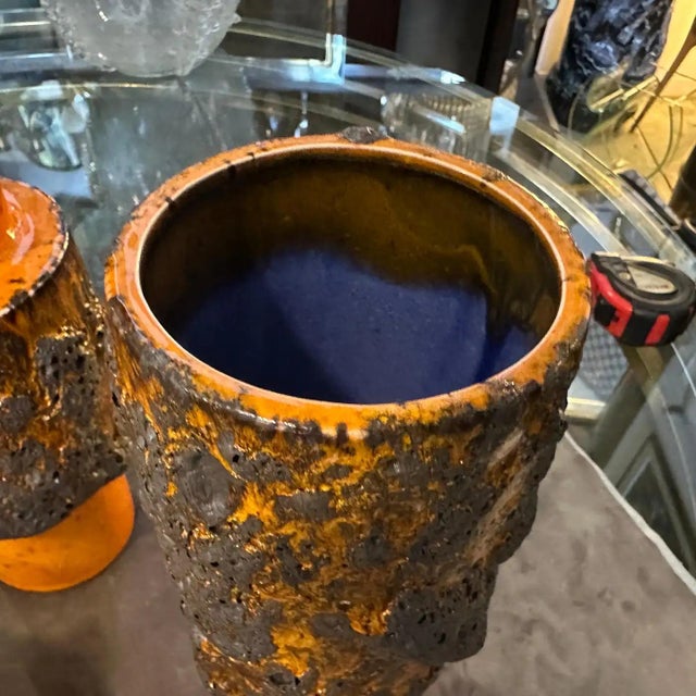 Modern Three 1980s Modernist Orange and Black Fat Lava Ceramic German Vases For Sale - Image 3 of 12
