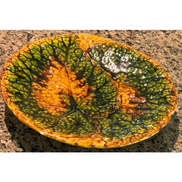English Antique German Majolica Begonia Pedestal Plate For Sale - Image 3 of 10