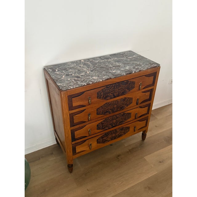 Metal Art Deco French Oak Commode with Hand-Carved Floral Details and Grey Marble Top, 1930s For Sale - Image 7 of 18