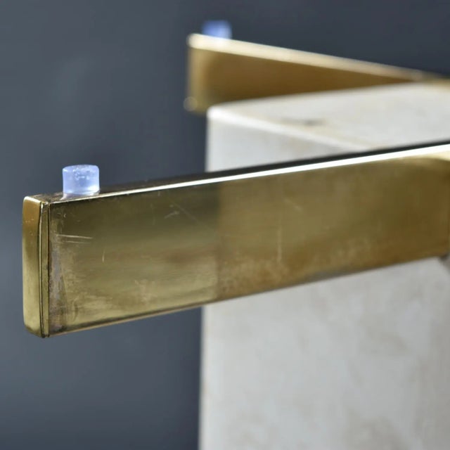 Travertine Stone and Brass Pedestal Side Table With Square Glass For Sale - Image 10 of 10