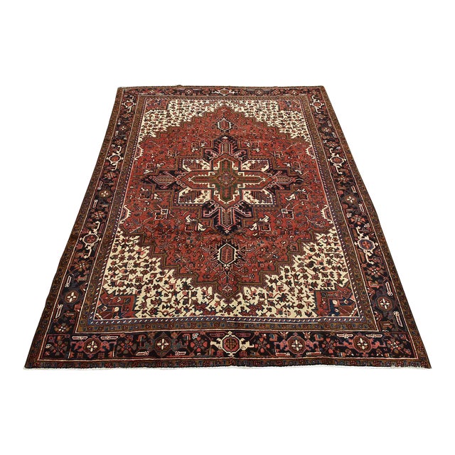 Heriz Rug 8'6'' X 10'3'' Red Wool Vintage Tribal Hand-Knotted Oriental Carpet For Sale