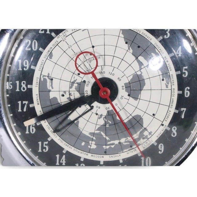 Metal Mid Century Wall Clock by Mastercrafters Clock and Radio Company Showing Map of Globe C. 1960's For Sale - Image 7 of 8
