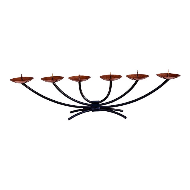 Metal Candlestick With Forged Copper Plates – Metalwork, Scandinavia, 1970s. For Sale