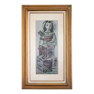 1940s Signed Print of "Girl With Chickens" by Harry Sternberg